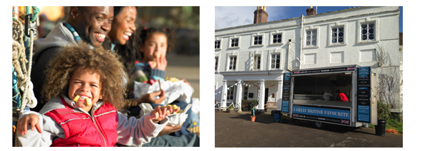 Image of our fish and chip van with  a child at the party enjoying their fish and chips