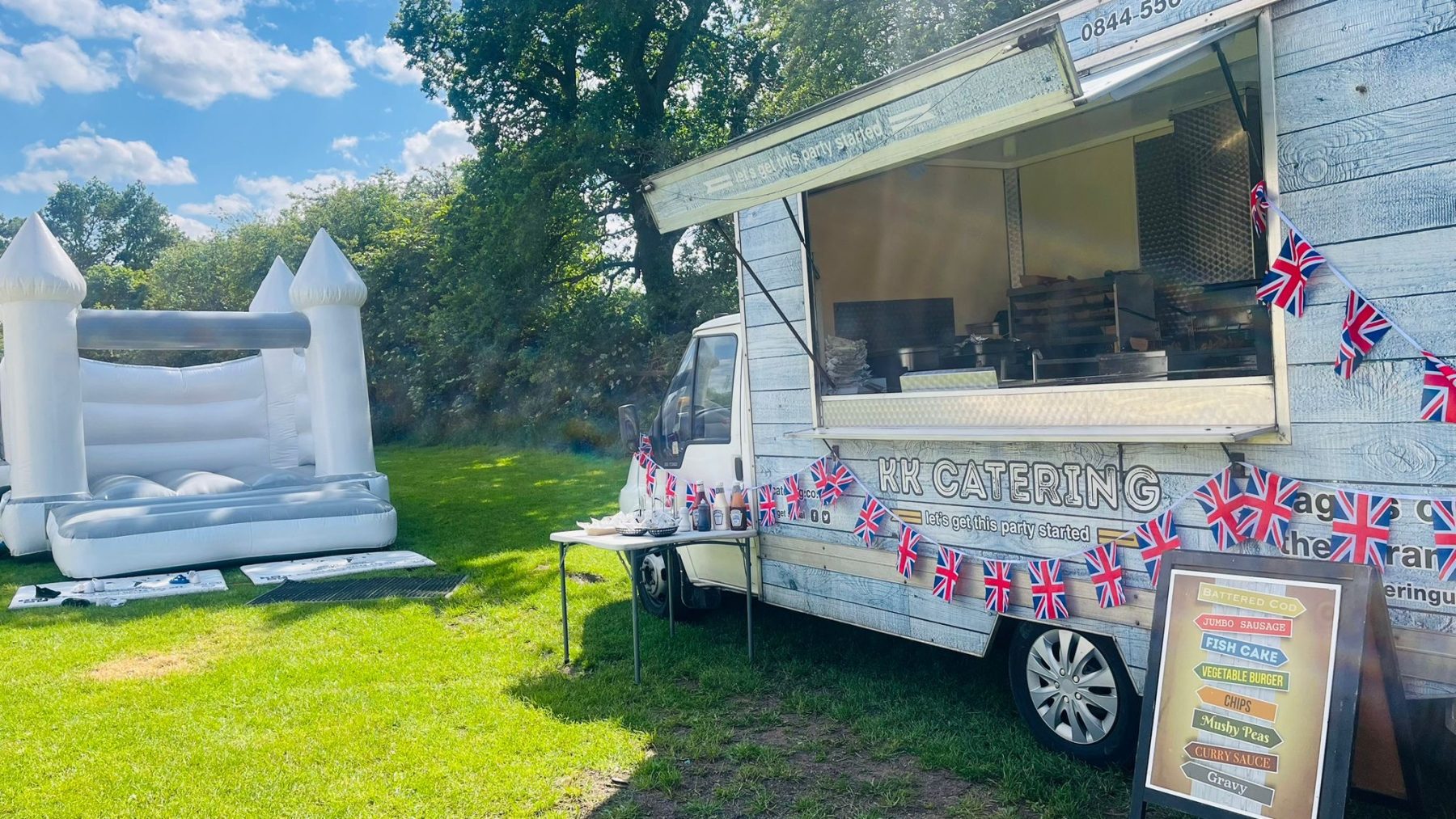 fish and chip van hire at a birthday party with a bouncy castle